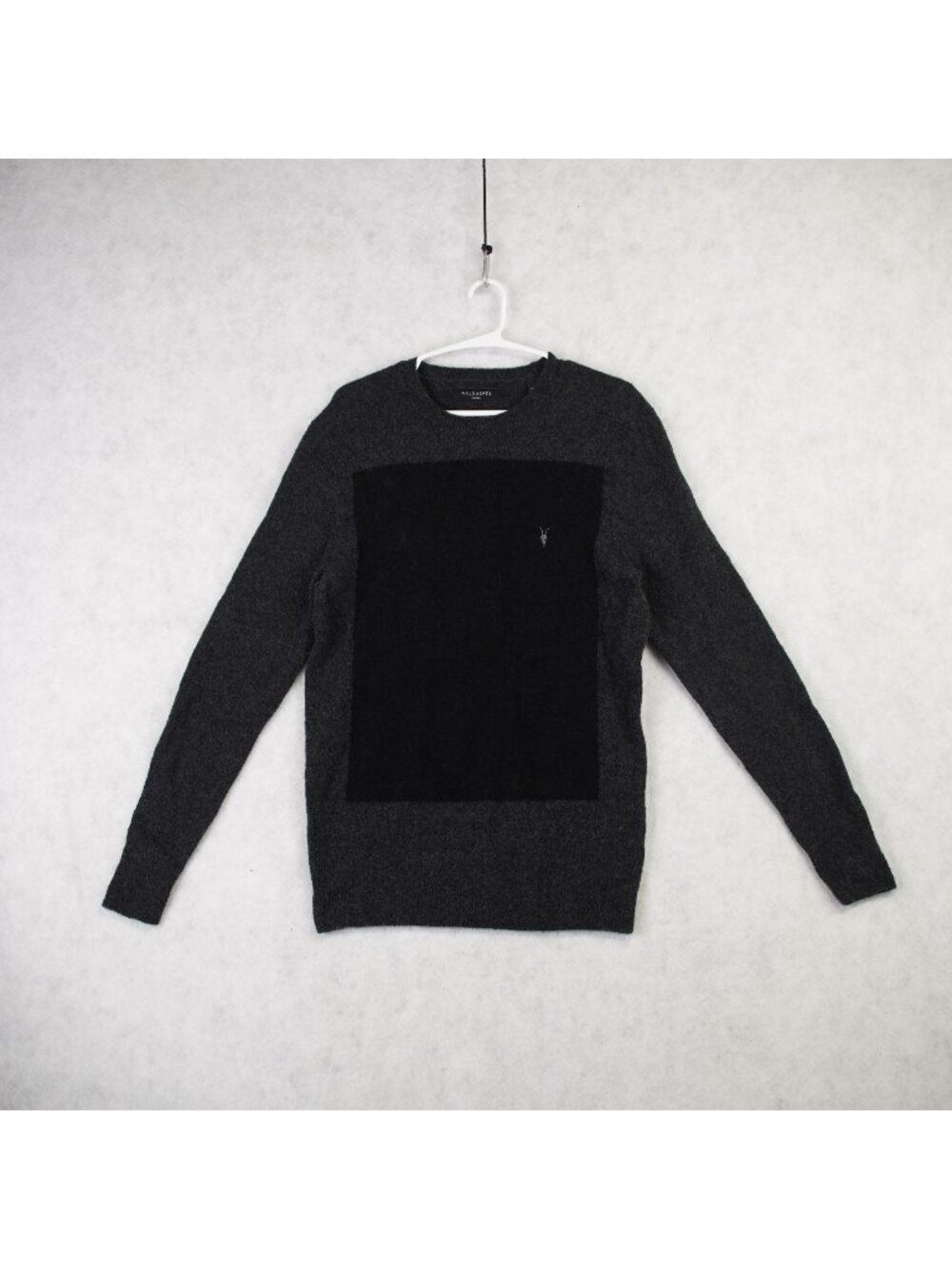 AllSaints Mens Wool Blend Lobke Knit Sweater Charcoal Sz Small Black Panel EUC